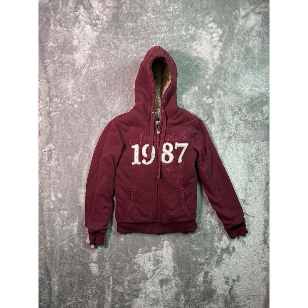 Aeropostale Hoodie Women’s Medium Faux Fur Lined Y2K Full Zip Red 1987